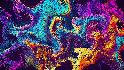 Wall Mural - Colorful rainbow gradient dots randomly flowing and swirling in liquid stream. Chaotic motion of small colorful circles. Dynamic particles background for banner, flyer, poster. Vector Illustration
