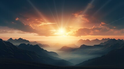   a painting of the sun setting over a mountain range with mountains in the foreground and clouds in the background.  generative ai