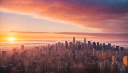 Wall Mural - Colorful cityscape during a stunning sunset, with warm tones painting the skyline - AI Generative