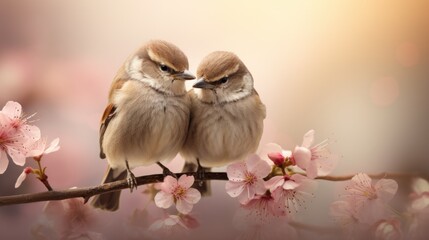 Two birds sitting on a branch with pink flowers, AI