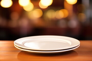 Poster - Empty white plates on table in restaurant with blurred background, AI