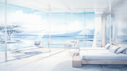 Poster - A bedroom with a large window overlooking the ocean, AI