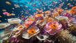 Delicate and colorful anemones, with their papery petals and dark centers, sway gently in the crystal-clear waters of a tranquil coral reef - AI Generative
