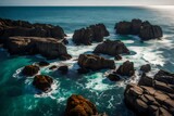 Fototapeta Pomosty - sea and rocks at sunset generated by AI technology