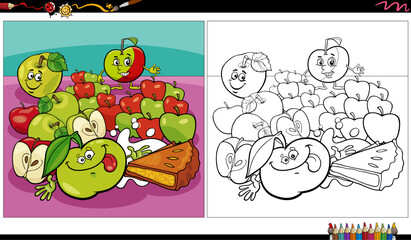 Wall Mural - cartoon green and red apples and apple pie coloring page