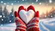 Female hands in red knitted mittens with a heart of snow on a winter day - boho background - winter wonderland - valentines day, holidays, Christmas, xmas