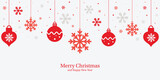 Fototapeta  - Festive Christmas and New Year greeting design. Collection of snowflakes, xmas baubles hanging and red decorations against a light background.