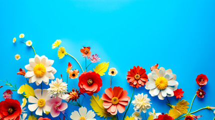 Sticker - Bunch of flowers that are on blue and white surface with blue background.