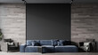 Livingroom or buisness lounge in deep dark colors. Set furniture blue navy and gray. Empty wall mockup - paint background black and decorative wood. Luxury interior design reception room. 3d render