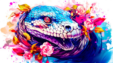 Canvas Print - Painting of blue snake with pink flowers on it's head.