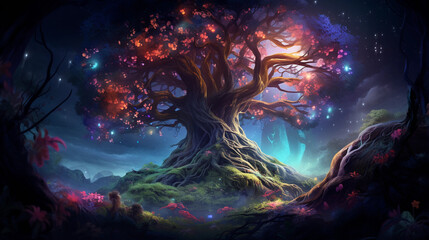 Wall Mural - fantasy magic tree: a mysterious, glowing, magical tree with vibrant, bioluminescent fruit and flowe