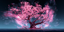 Glitch Art Cherry Blossom: A Cherry Blossom Tree In Full Bloom, Digitally Distorted To Evoke A Sense Of Surrealism; Vibrant Pink Blossoms, Strong Contrast