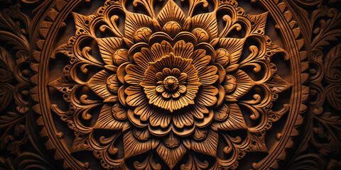 Intricate mandala design carved into wood, depth and shadow, warm earth tones