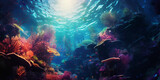 Fototapeta Do akwarium - Underwater swimming, psychedelic patterns, coral reef, swirling vortex, dreamlike, mystical, vivid colors