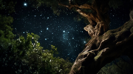 Wall Mural - surrealist oak tree: a massive, gnarled oak tree with exaggerated, twisting branches reaching toward