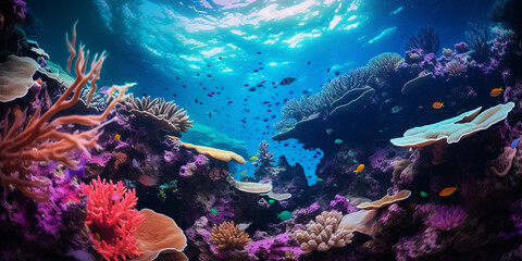 Wall Mural - Underwater swimming, psychedelic patterns, coral reef, swirling vortex, dreamlike, mystical, vivid colors