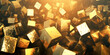 Pile of gold cubes, abstract shiny blocks background. Pattern of golden stones, fantasy view. Concept of metal, business, texture, design and treasure