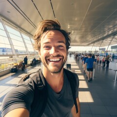 Wall Mural - Airport Wanderlust: Young Explorer Snaps a Selfie, Embarking on a Journey of Vacation Bliss