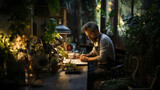 Fototapeta  - Portrait of a man working in a flower shop, make notes.