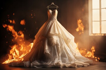 Wall Mural - Burning wedding dress in the flames of the fire. Background with selective focus and copy space