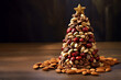 Original Christmas tree made of nuts on a dark wooden table. Christmas, New Year concept on dark background. Christmas greeting card with various nuts in fir tree shaped with star and copy space. 