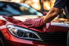 A Man Meticulously Cleans A Car With A Microfiber Cloth, Evoking The Concept Of Car Detailing And Car Wash Services. Generative Ai.