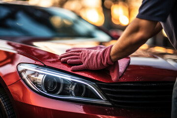 Canvas Print - A man meticulously cleans a car with a microfiber cloth, evoking the concept of car detailing and car wash services. Generative Ai.