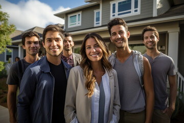 Poster - A happy young couple stands before their new home, marking the joyous occasion of purchasing a new house in the real estate market. Generative Ai.