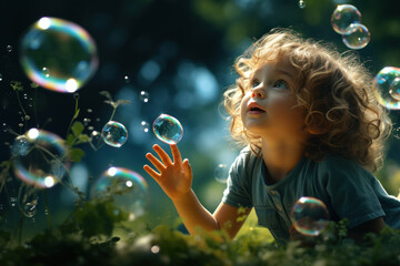 Poster - An inquisitive toddler gazes in wonder at a mesmerizing bubble as it floats by during a summer afternoon in the park. Child and soap bubbles. Generative Ai.