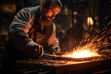 Poster - A skilled blacksmith meticulously hammers a red-hot piece of iron, shaping it into a precisely crafted work of metal art. Blacksmith at work. Generative Ai.