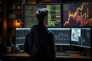 Aufkleber - a busy stock trader monitors multiple screens, capturing the intensity and precision required in the