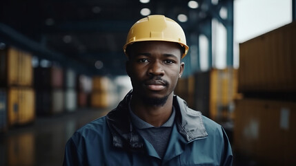 Wall Mural - Portrait warehouse parcel delivery African black male staff worker happy working in port cargo shipping industry with safety suit. Work concept. Cargo concept. Shipping concept