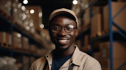 Wall Mural - Portrait warehouse parcel delivery African black male staff worker happy working in port cargo shipping industry with safety suit. Work concept. Cargo concept. Shipping concept