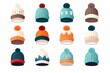 Beanie hat cap, mockup knit, winter clothes, wool fashion, cold style cartoon icons set illustrations