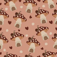 Seamless Background With Snail And Mushrooms