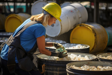 Poster - A bio-refinery worker inspecting the production of bio-based plastics, aligning with campaign for reduced plastic pollution. Generative Ai.
