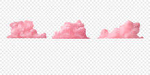 Realistic Pink Fluffy Clouds. Set Of Vector Icons. 3d Cute Swirling Clouds Isolated On Transparent Background
