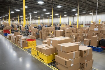 Poster - Seamless flow of packages on an efficient conveyor belt at a bustling warehouse fulfillment center
