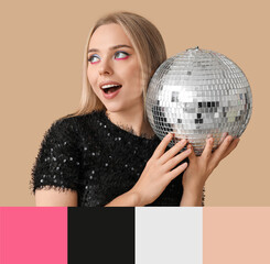 Poster - Beautiful happy young woman holding disco ball on beige background. Different color patterns