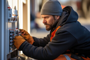 Poster - an electrician wiring a new house, emphasizing electrical installation and safety. generative ai.