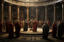Roman Senators Deliberating In The Senate Chamber, Illustrating The Political Life Of The Roman Republic. Generative Ai.