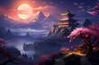 At night, a bright moon shines behind the mountains, illuminating a colorful Chinese temple on a mountain surrounded by pink cherry blossom trees,
