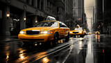 Fototapeta  - Bustling downtown new york city street with motion blur of yellow cabs  highquality 16k image