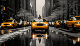 Fototapeta Nowy Jork - Bustling downtown new york city street with yellow taxis in motion, captured in 16k super quality