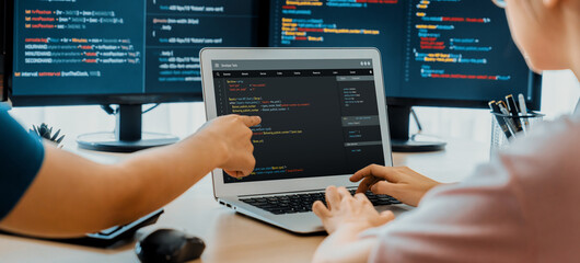 Fototapete - two smart cooperative computer engineers working together as teamwork to solve program code while co