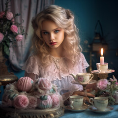 Wall Mural - Blonde dame having tea in elegant style