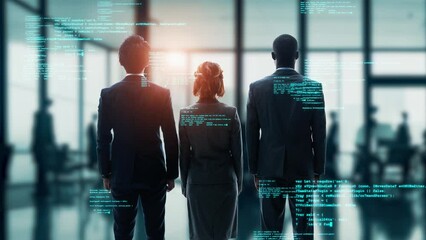 Group of multinational people standing in corporate office and digital code concept. Digital transformation. System engineering.