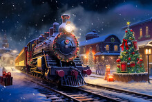 Illustration Of Polar Express Concept During Christmas Time At The Train Station With Decorations,  Generative AI Image.
