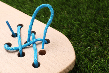 Sticker - Wooden lacing toy on artificial grass, closeup. Educational toy for motor skills development