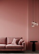 Living room in luxury pink tone. The deep accent color rose painting walls of the room and the powder mauve velvet sofa. Large vertical place blank for creativity, art or pictures. 3d rendering 